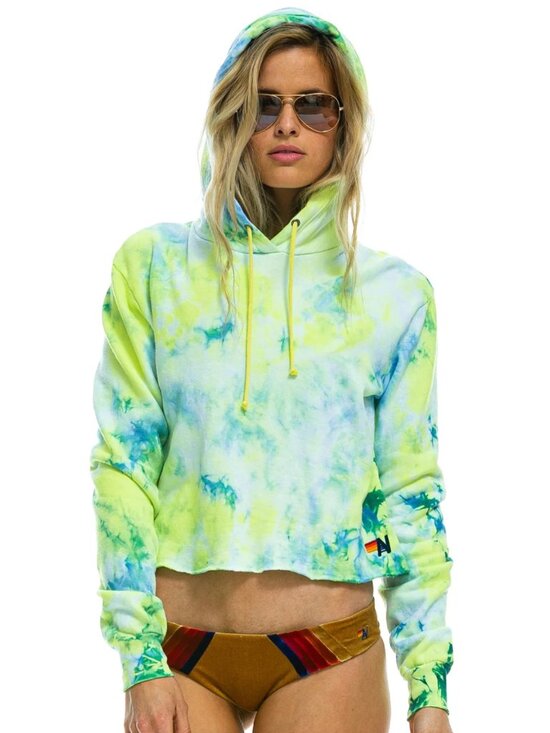 Aviator Nation Tops - Aviator Nation - Hand Dyed Pullover Crop Hoodie in Tie Dye Neon Yellow S